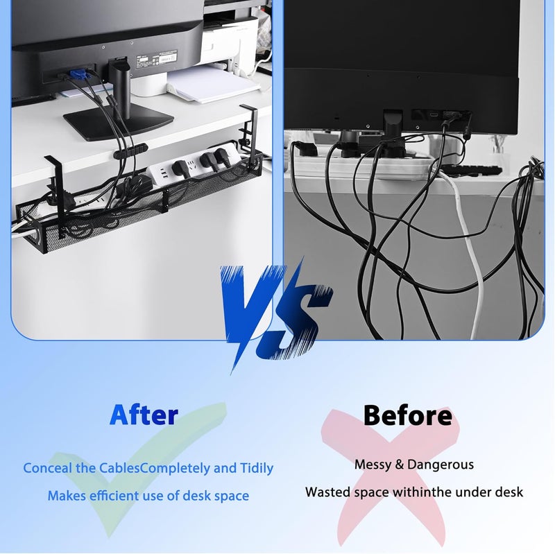 QUELIEN Under Desk Cable Management Box 25.3 Inch – Clamp-Mounted Cable Organizer Tray, Large Cord Management Box for Office & Home, Wire Organizer Under Desk Storage, Black - Image 5